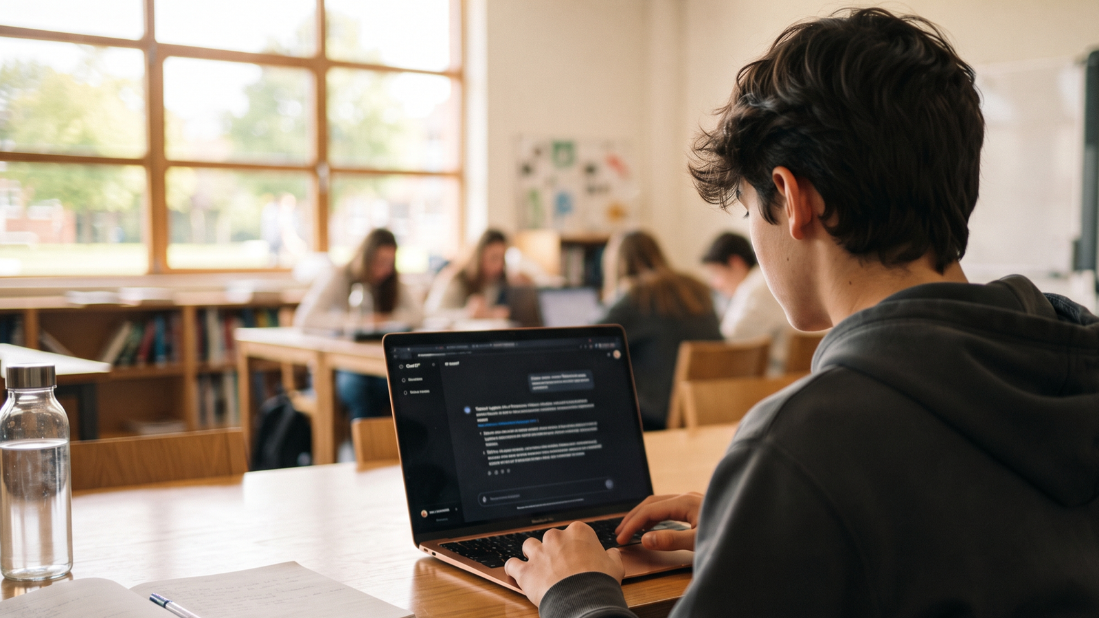 Salón de clases moderno con estudiante y laptop, IA en la educación