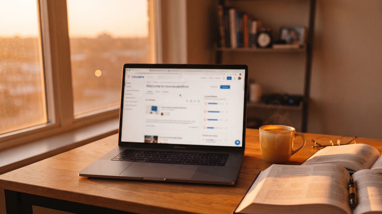 Escritorio de trabajo con laptop, libros y café